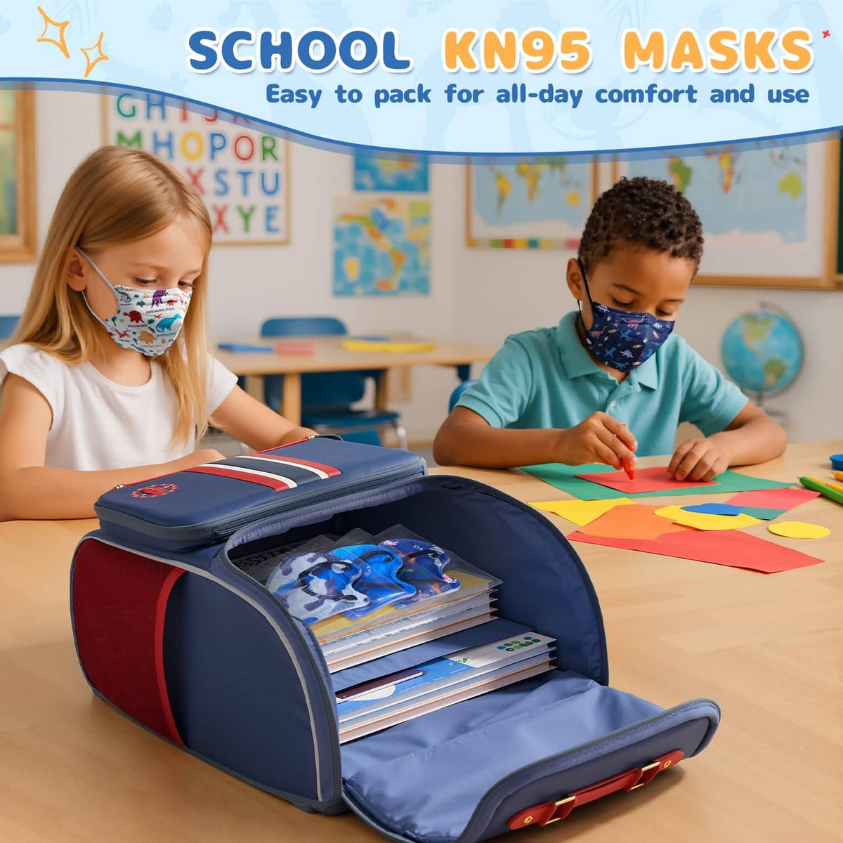 Kids KN95 face mask with dinosaur print, blue and multicolor, worn by children