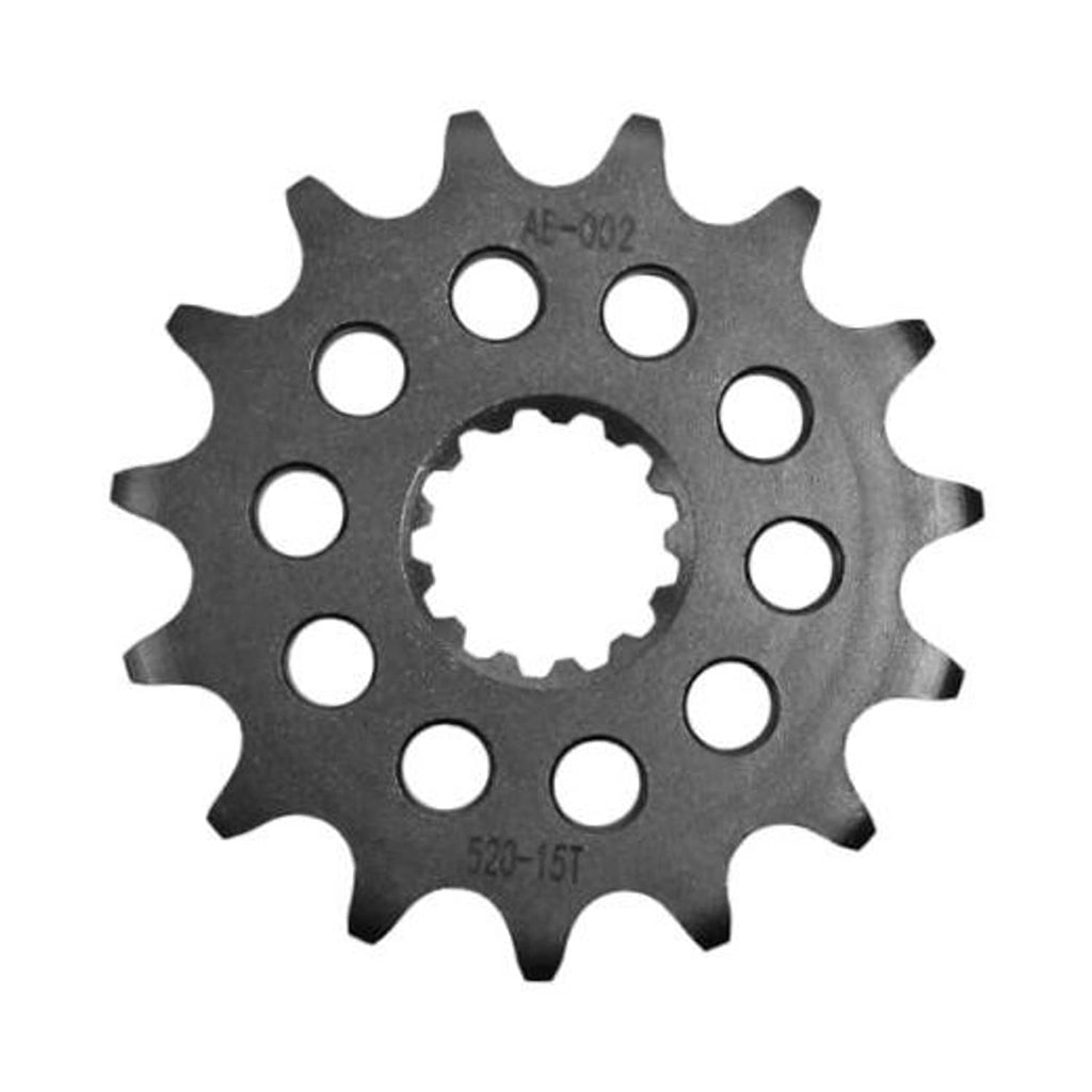 520 front sprocket, dark steel 15-tooth gear with center cutout and mounting holes