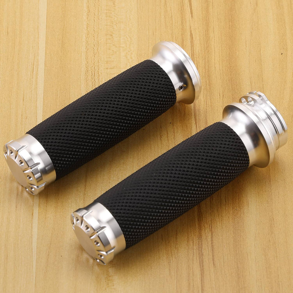 Motorcycle handlebar grips, black textured rubber with chrome metal end clamps