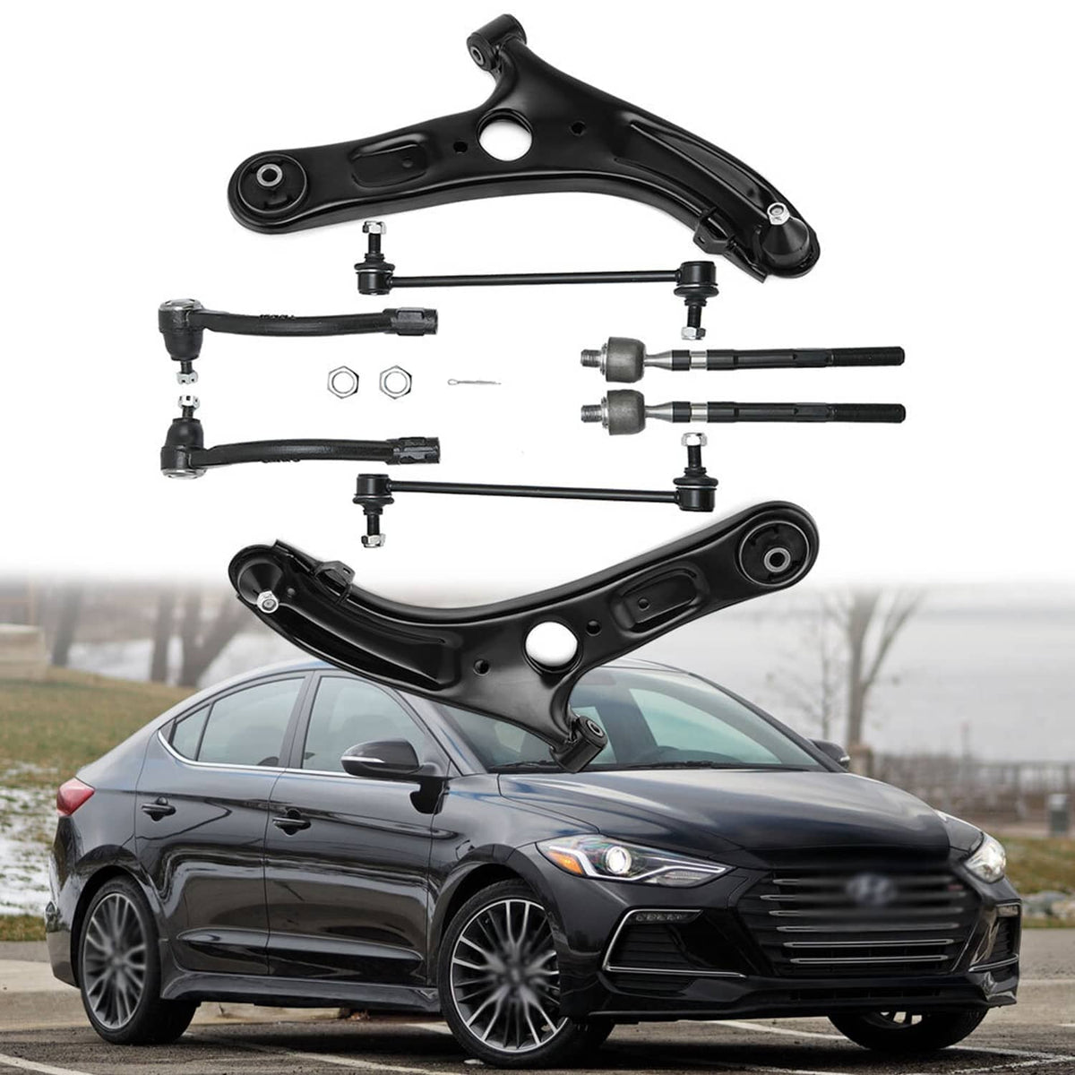 Front suspension control arm kit with multiple black control arms and link rods