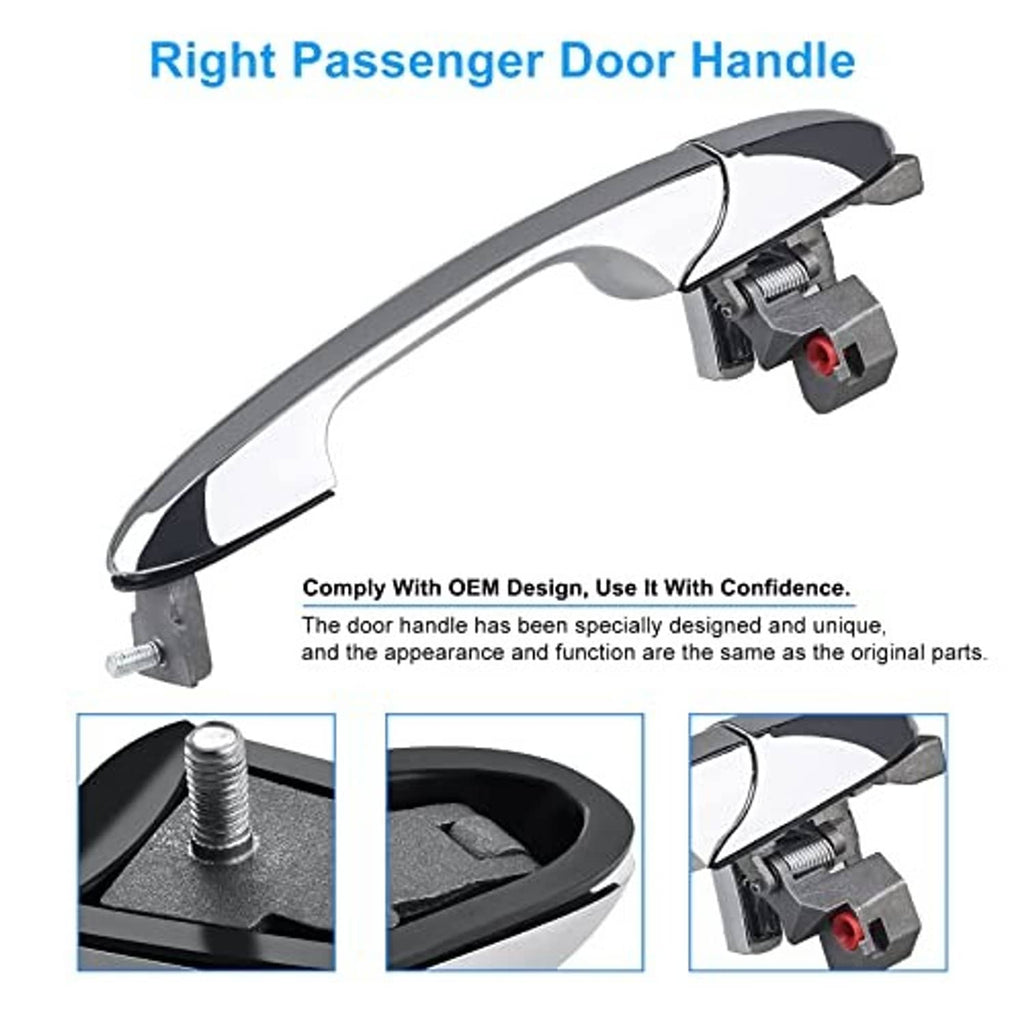 Right passenger door handle, chrome finish with exposed spring and red lock tab