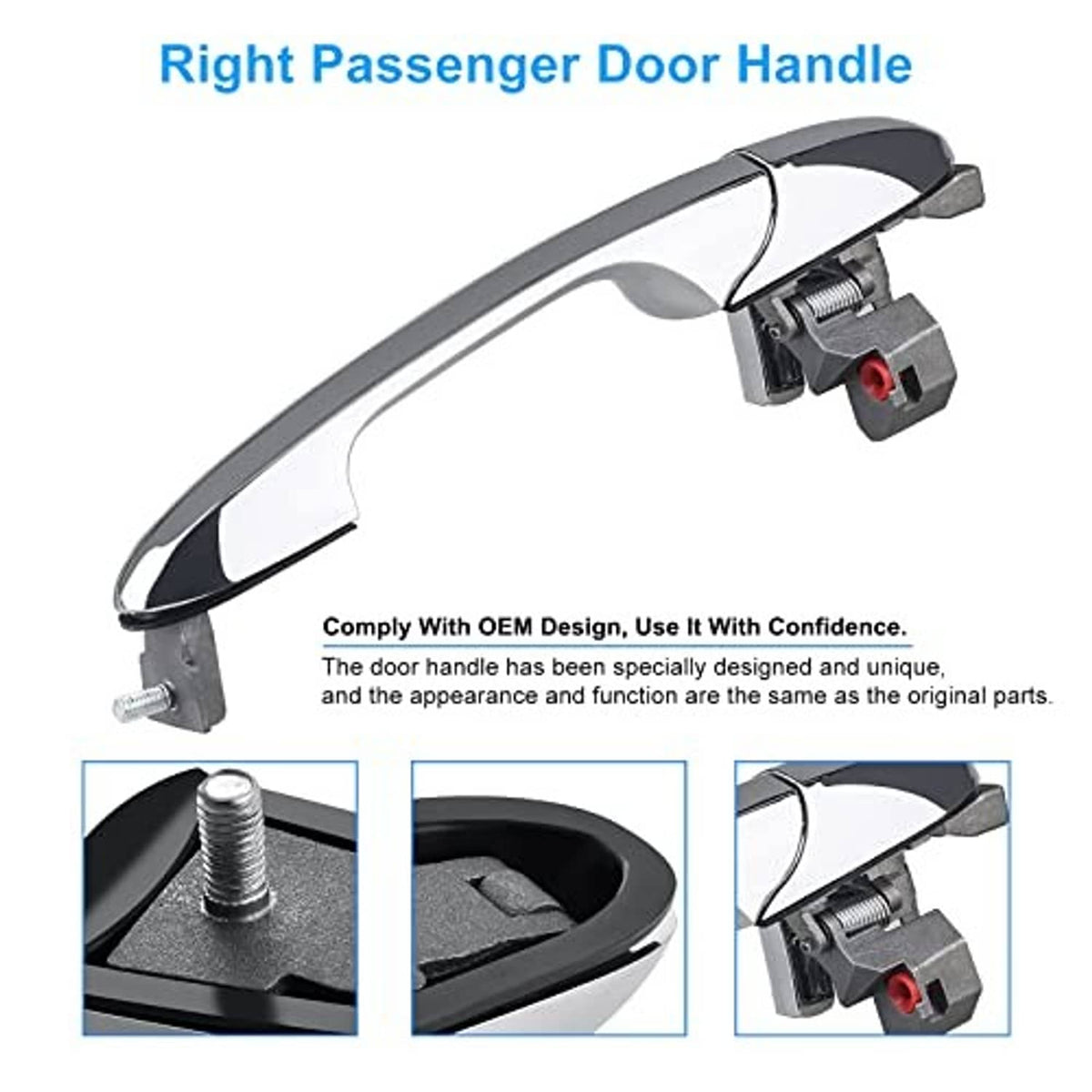 Right passenger door handle, chrome finish with exposed spring and red lock tab
