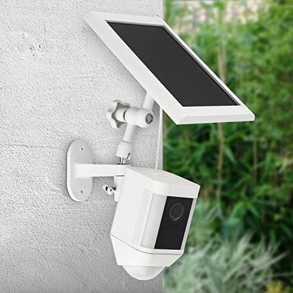 White solar panel wall mount with pivoting bracket and attached camera housing