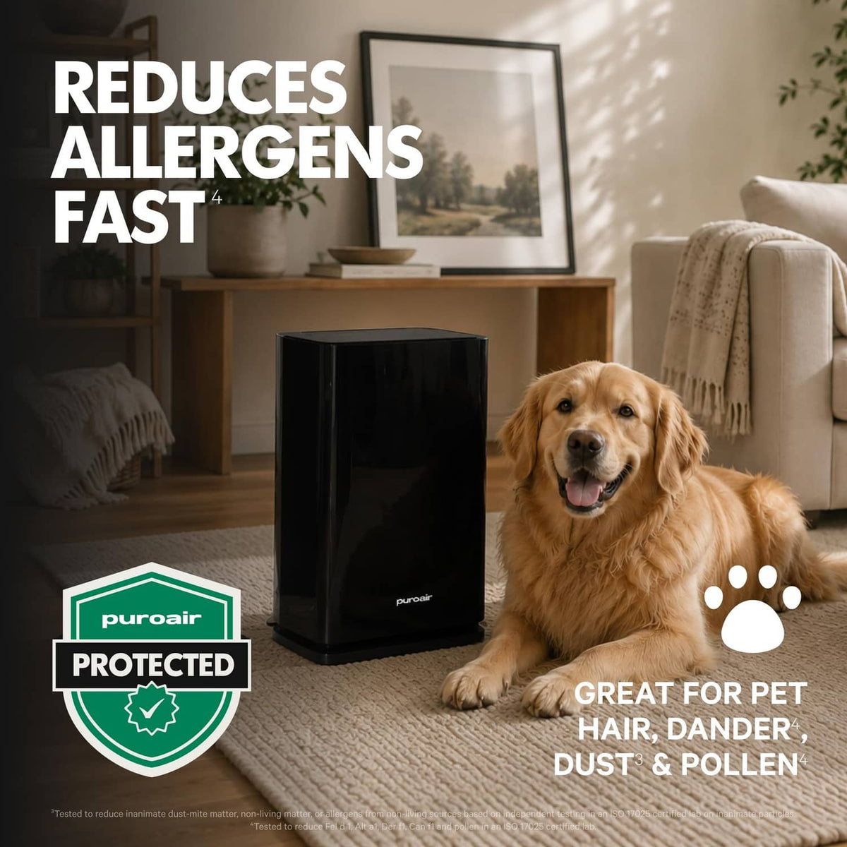 Black air purifier with pet protection badge near a golden retriever on a rug.