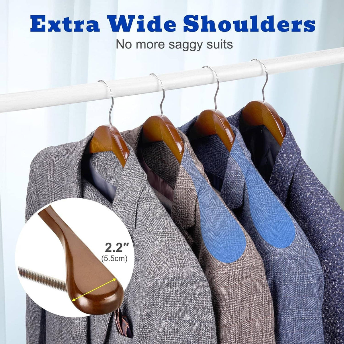 Wooden suit hangers with extra-wide shoulders and curved notch, holding multiple jackets