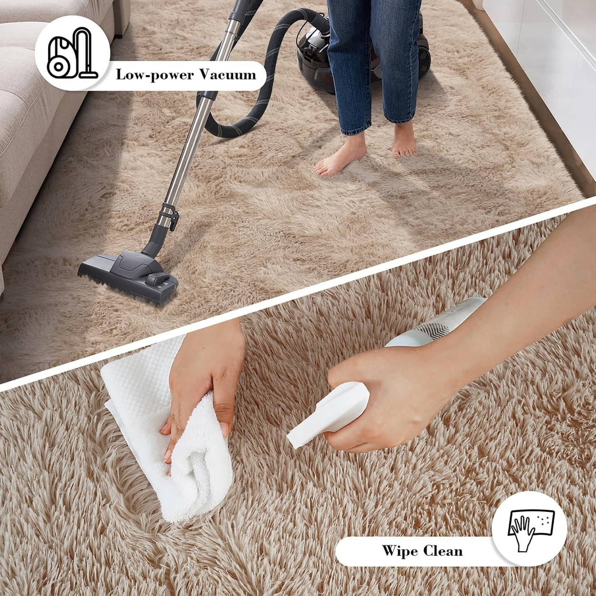 Beige shag rug with dot non-slip points; vacuum and wipe-clean use shown