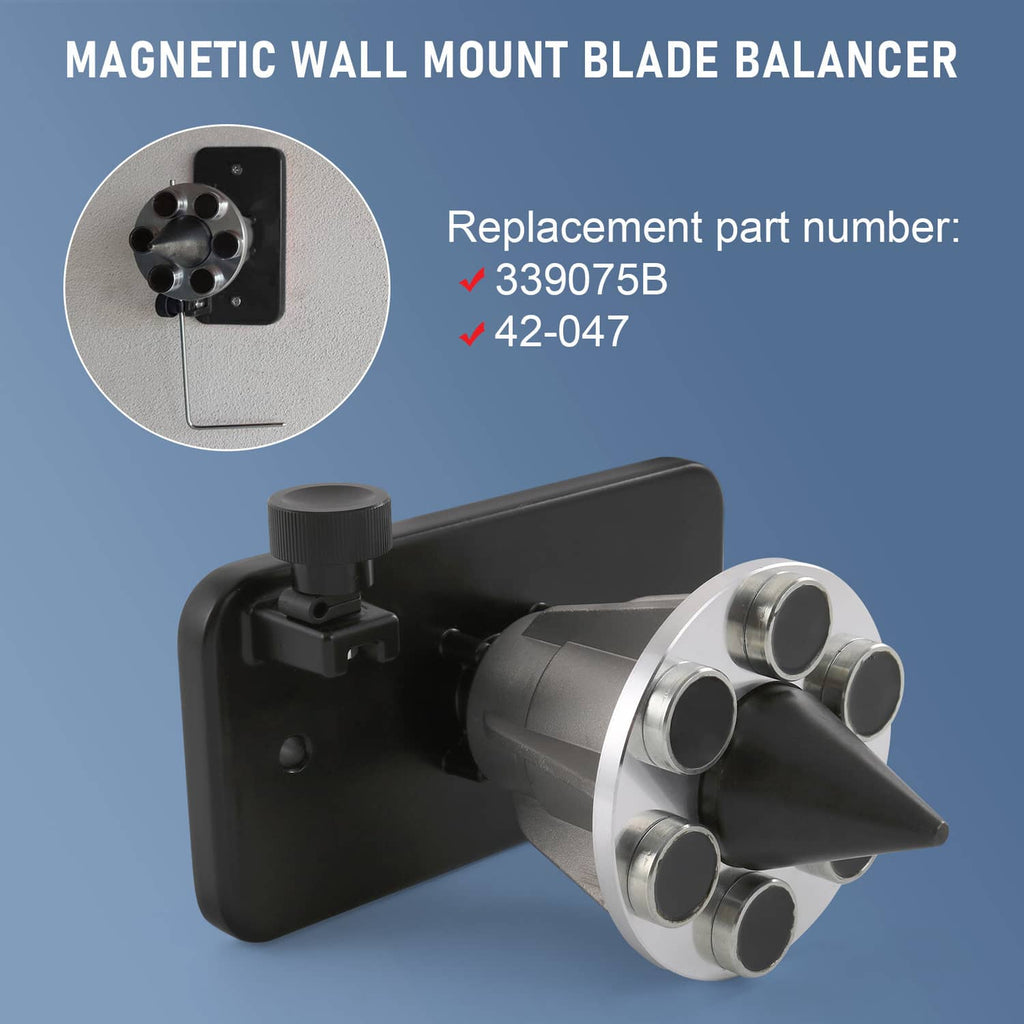 Magnetic wall mount blade balancer with black bracket, central cone, and silver magnet cups