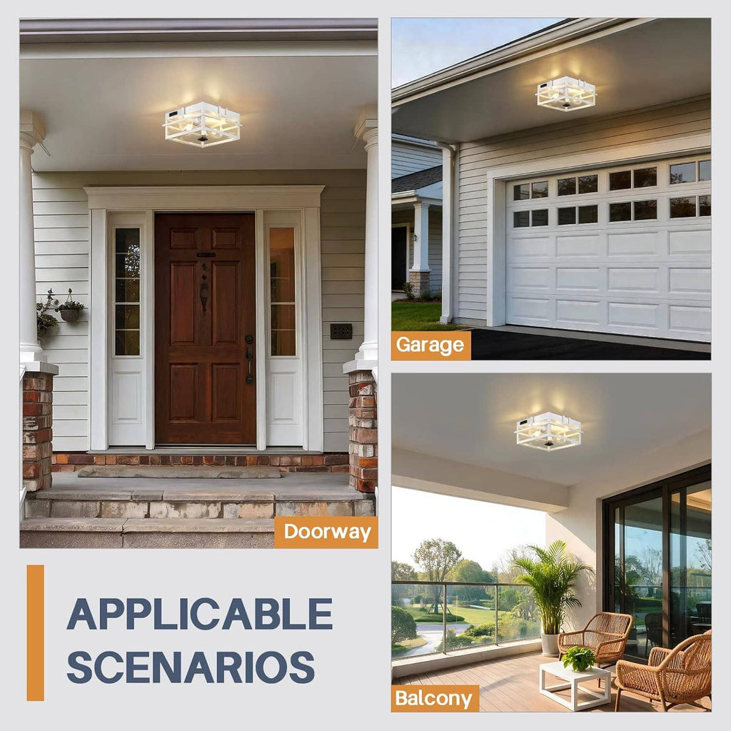 White outdoor flush ceiling light mounted under a porch and garage ceiling, two illuminated bulbs