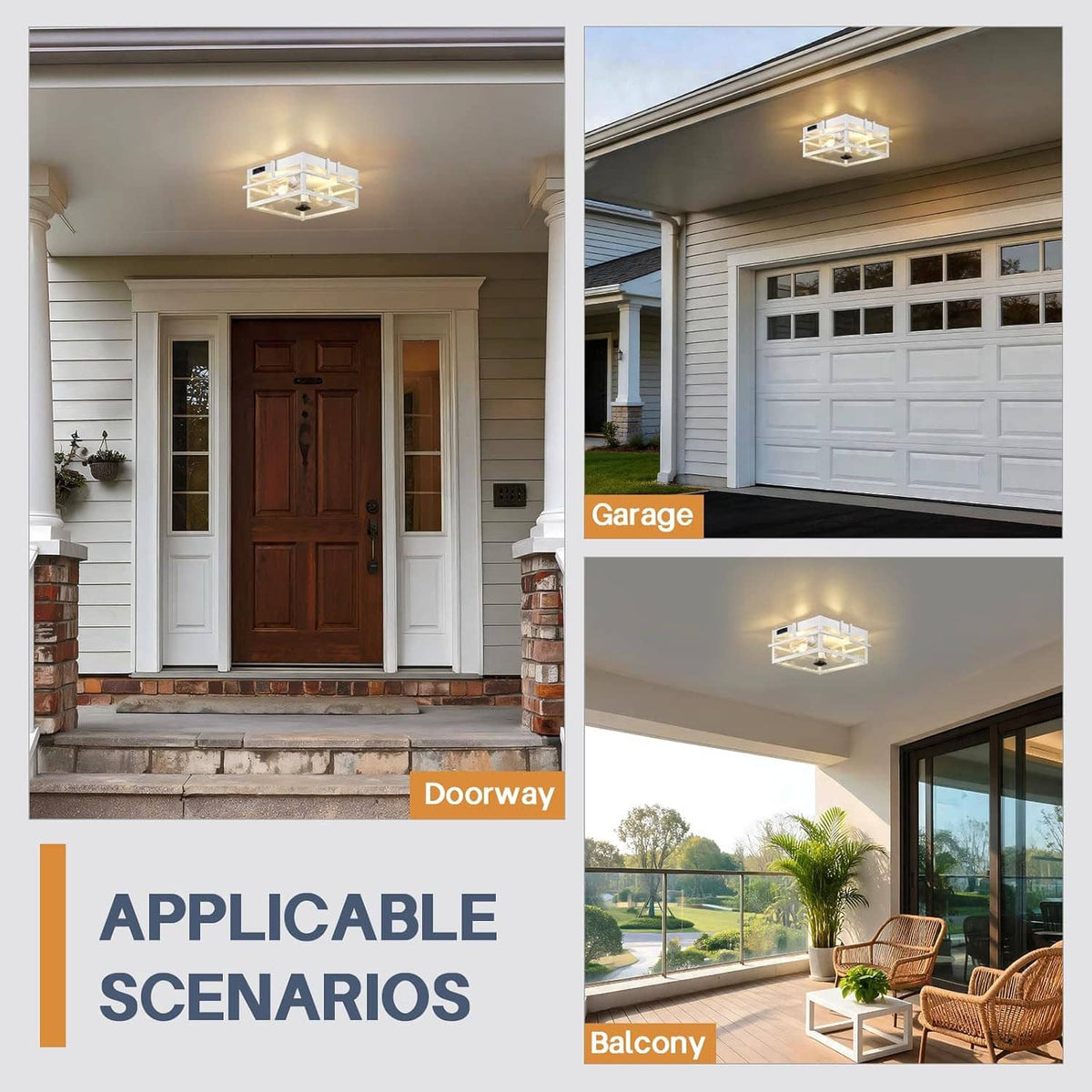 White outdoor flush ceiling light mounted under a porch and garage ceiling, two illuminated bulbs