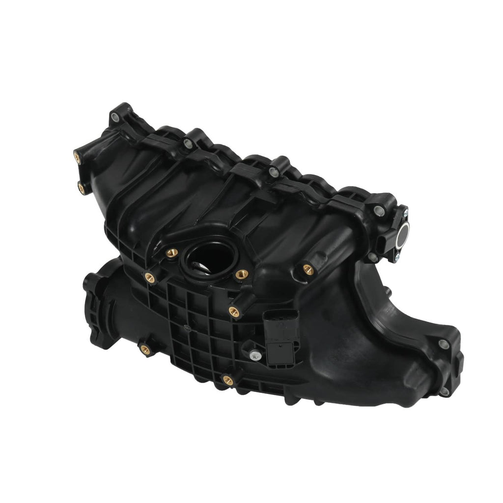 Black intake manifold assembly with curved inlet section and connector housing
