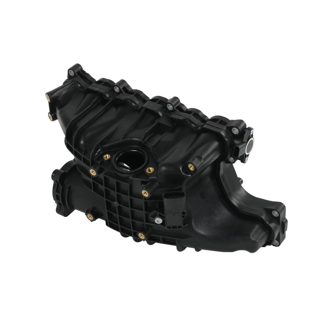 Black intake manifold assembly with curved inlet section and connector housing