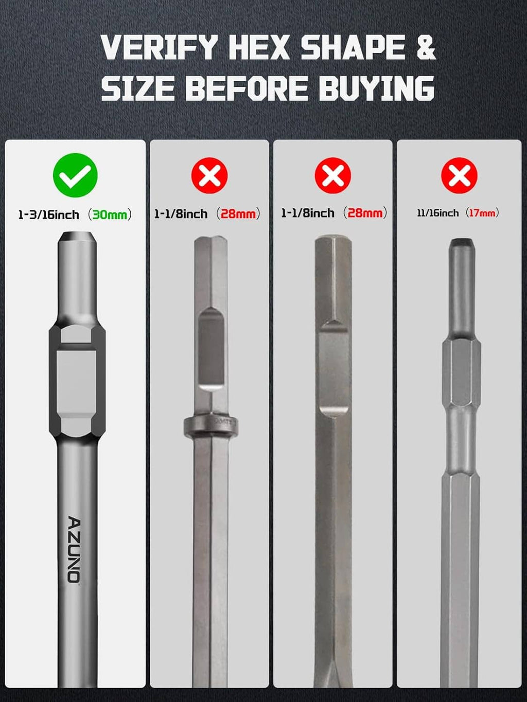 Hex shank chisel bits shown for size verification, wide flat triangular blade