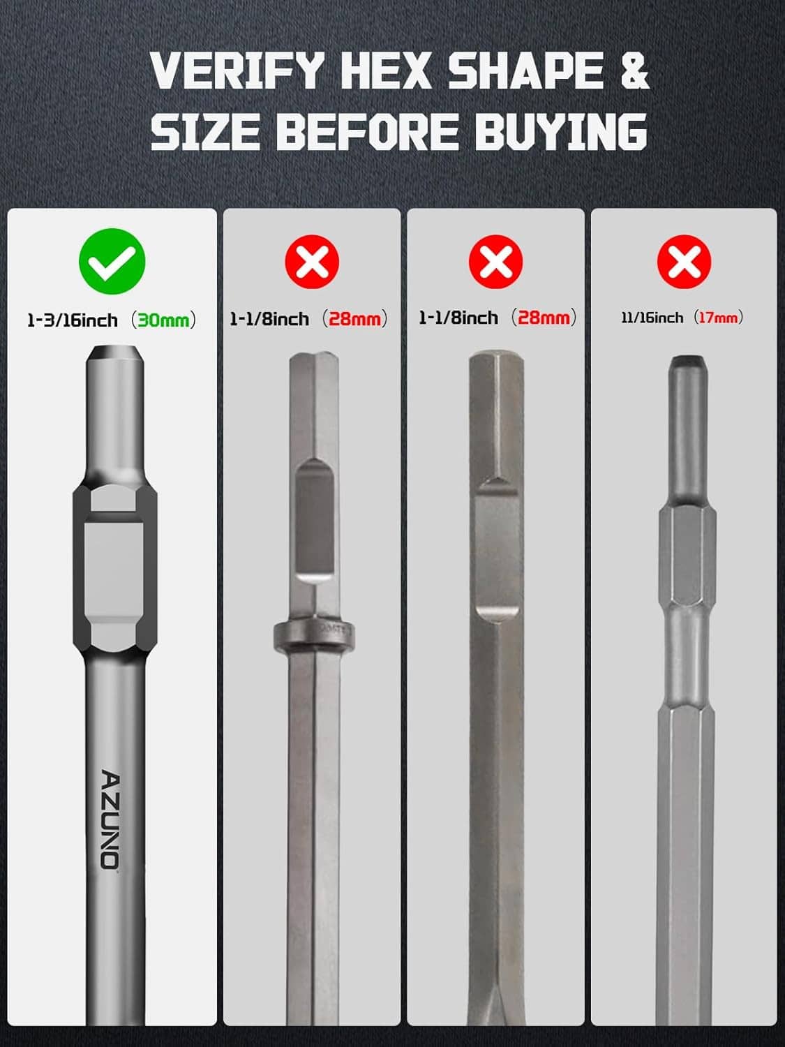 Hex shank chisel bits shown for size verification, wide flat triangular blade