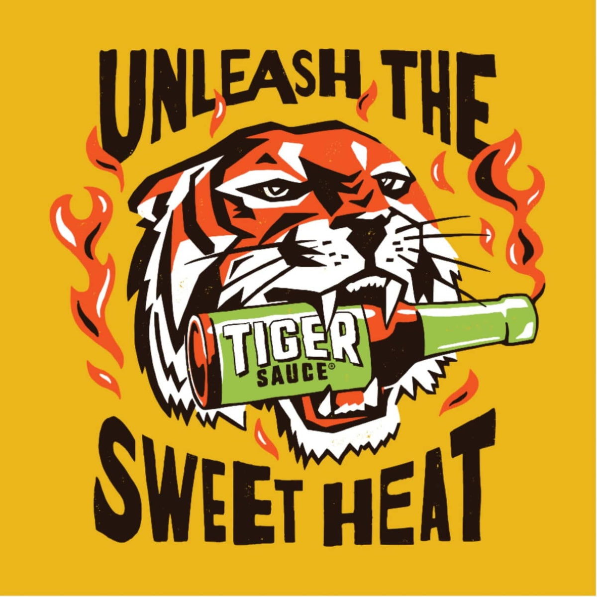 Tiger Sauce hot sauce label art with tiger graphic and 'Sweet Heat' text