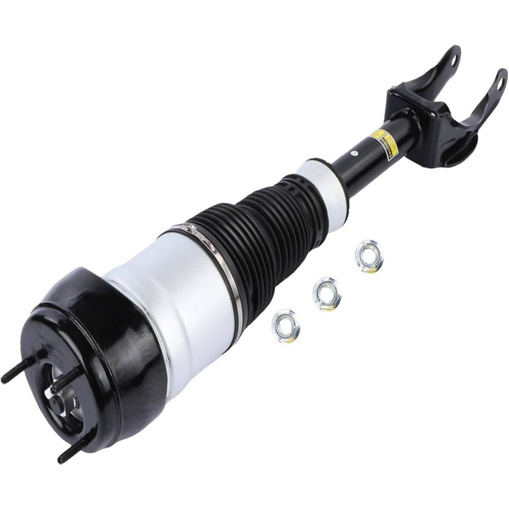 Front air suspension shock strut assembly, black and white body with fork brackets