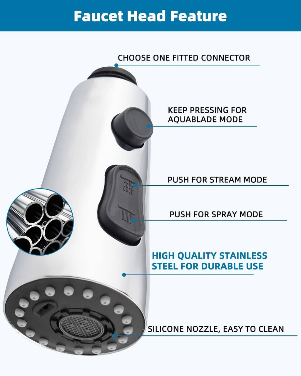 Stainless steel faucet head with three push-button modes and easy-clean silicone nozzle
