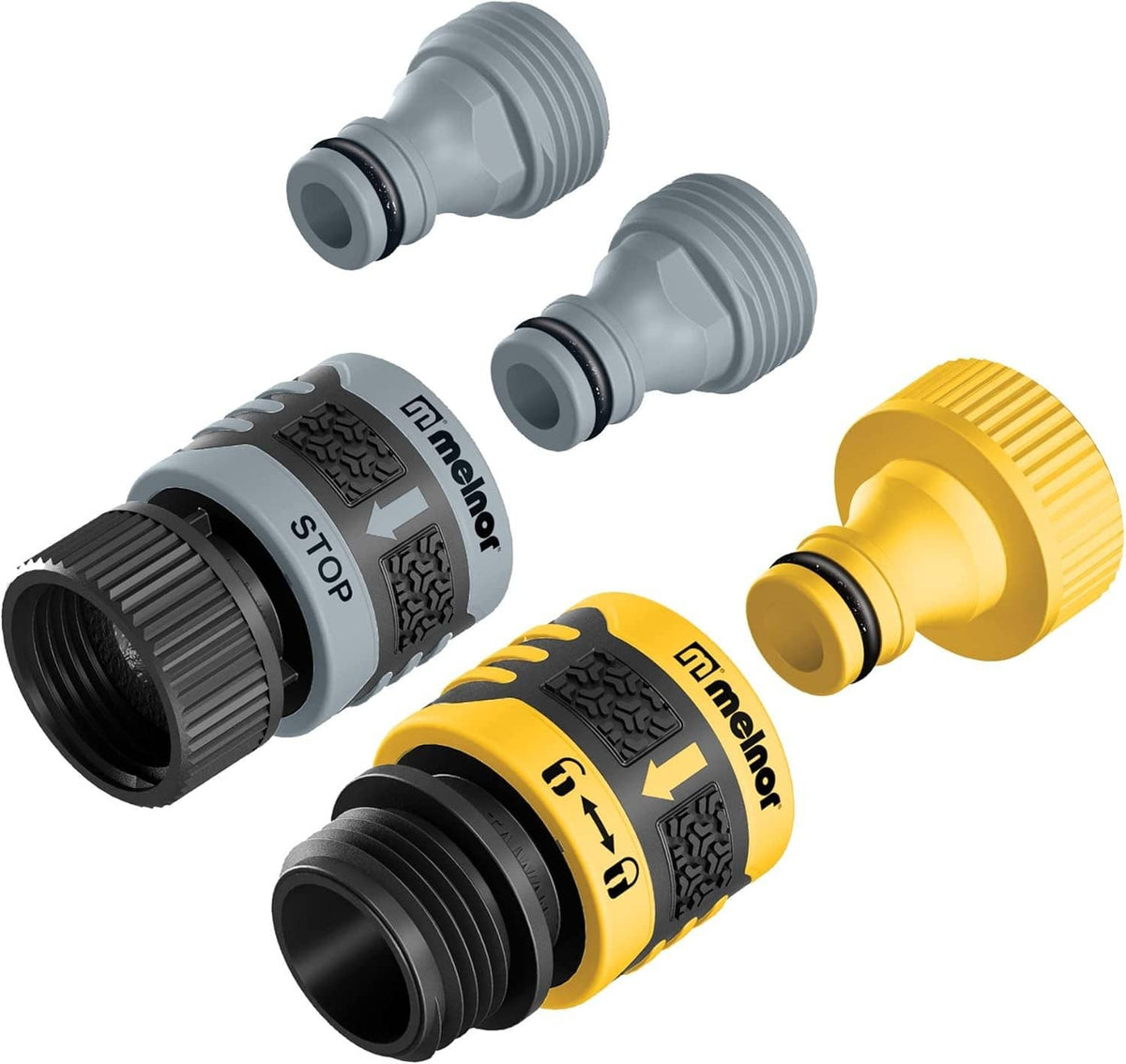 Melnor Quick Connect starter set: yellow and gray water connectors with black grips