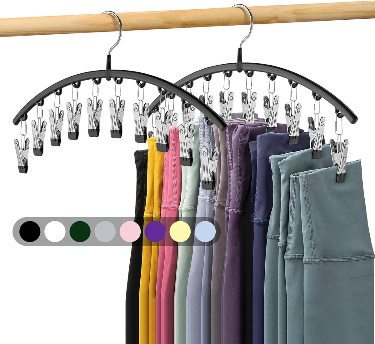 Metal arched legging organizer with clips holding colorful folded pants