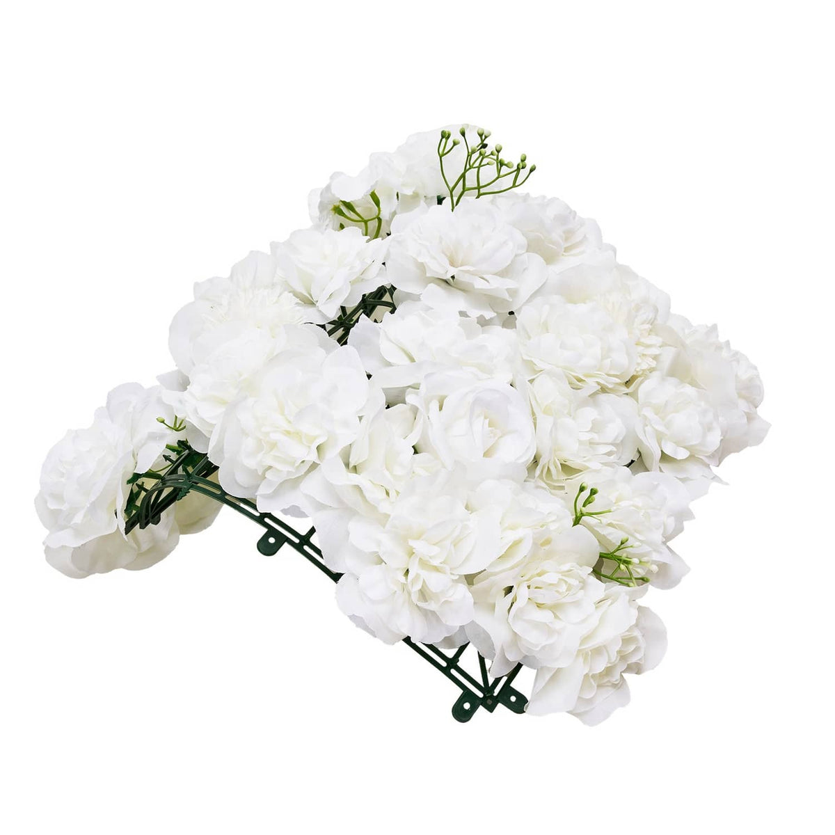 White artificial flower wall panel with full 3D blossoms and visible green stems