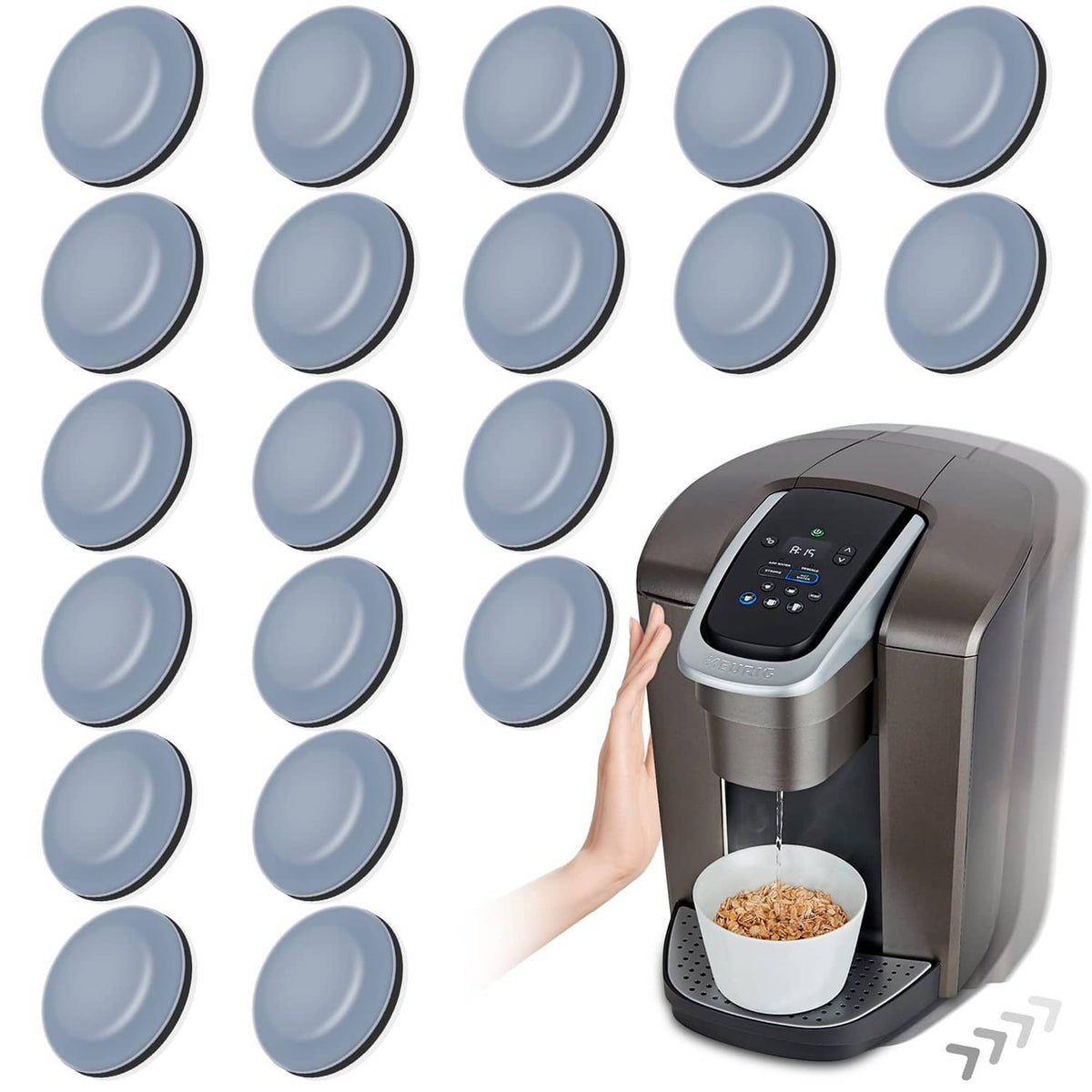 Set of round grey appliance sliders with smooth underside, 20 pack