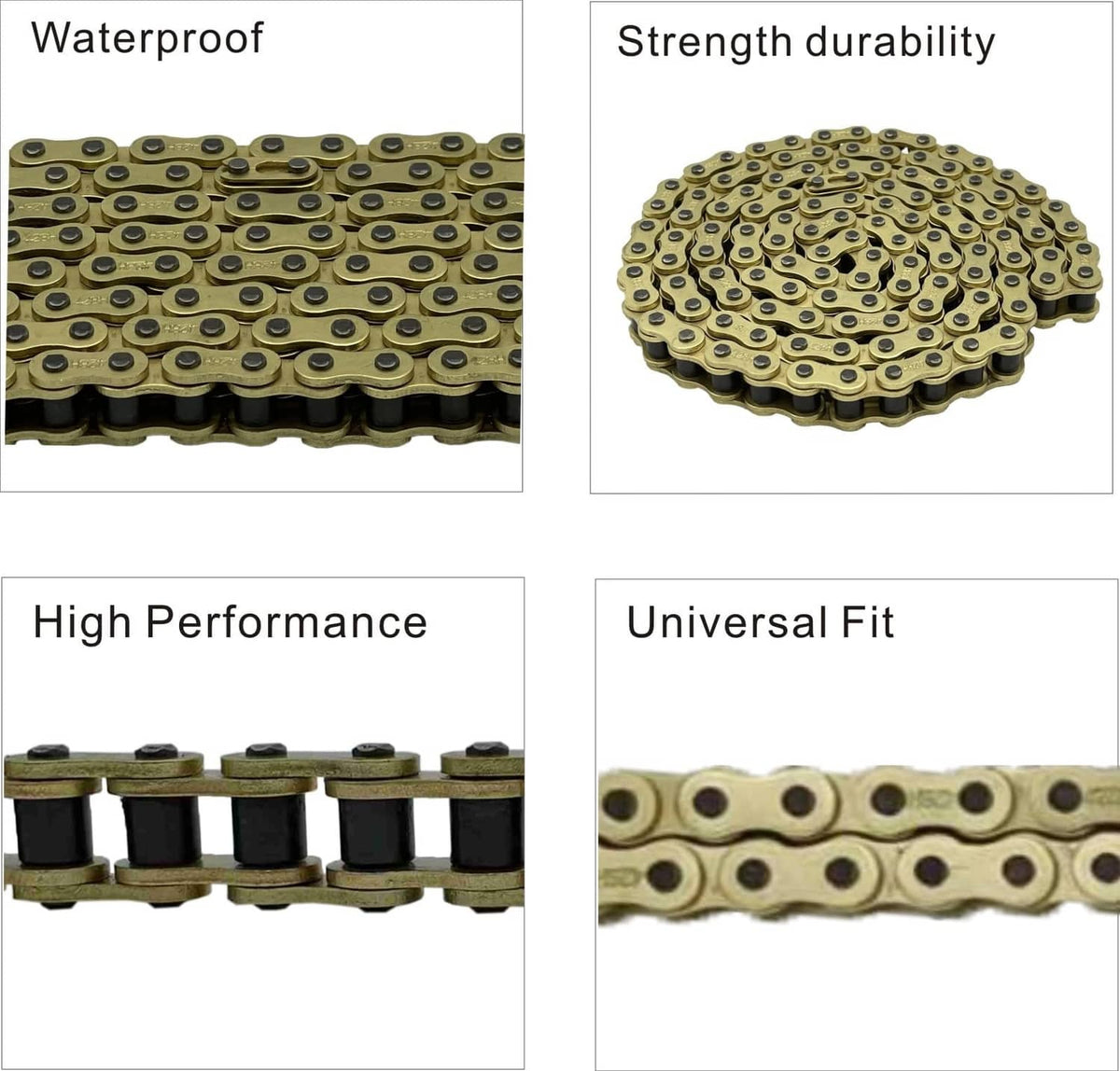 Gold motorcycle roller chain links, close-up detail