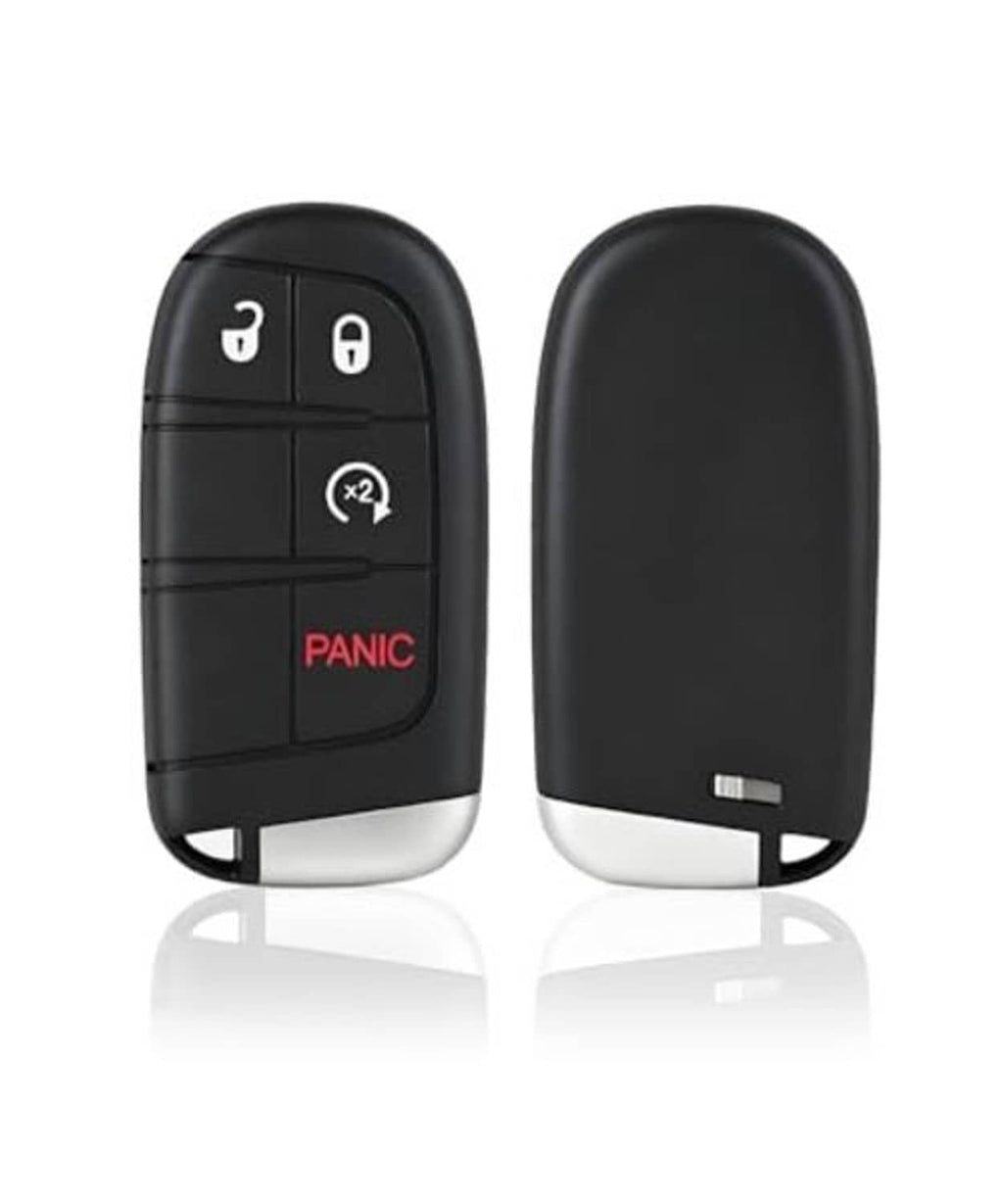 Black proximity key fob front and back views, with key ring loop at bottom
