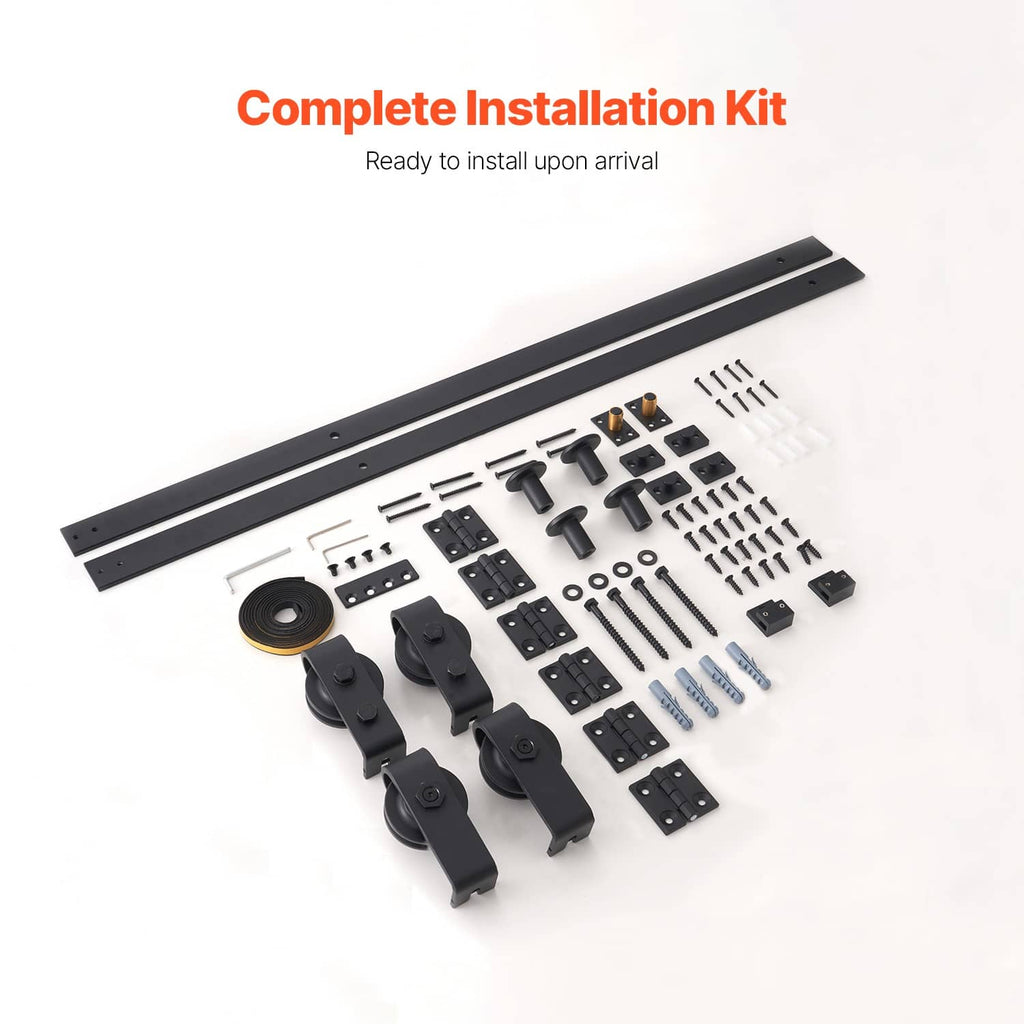 Complete bi-fold sliding barn door hardware kit with track rail, rollers, and screws
