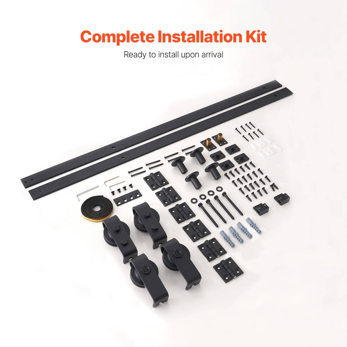 Complete bi-fold sliding barn door hardware kit with track rail, rollers, and screws