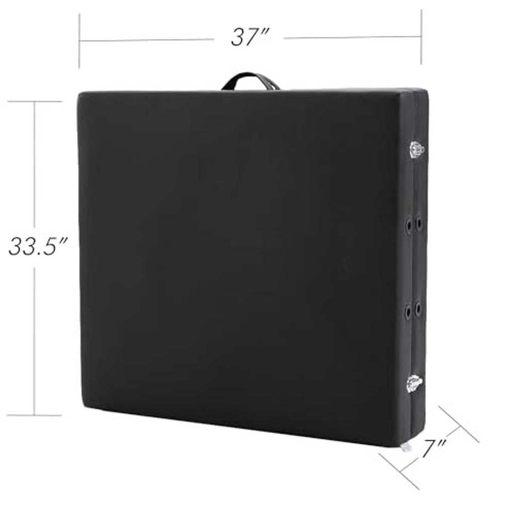 Black carrying case for a portable massage table, with handle and side vents