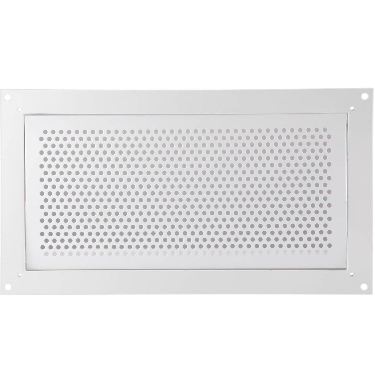 White perforated wall flood vent with rectangular frame and flush-mounted grille