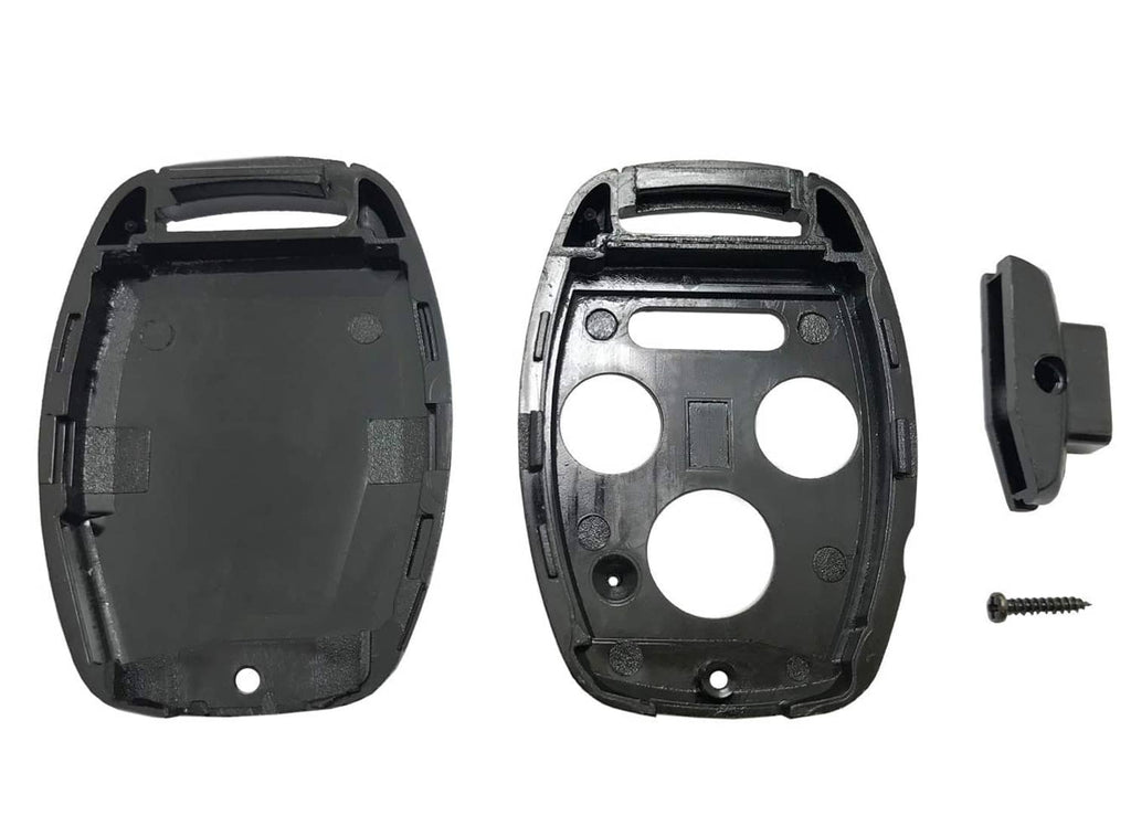 Black key fob shell case halves with button cutouts, internal contacts, key blade and screw