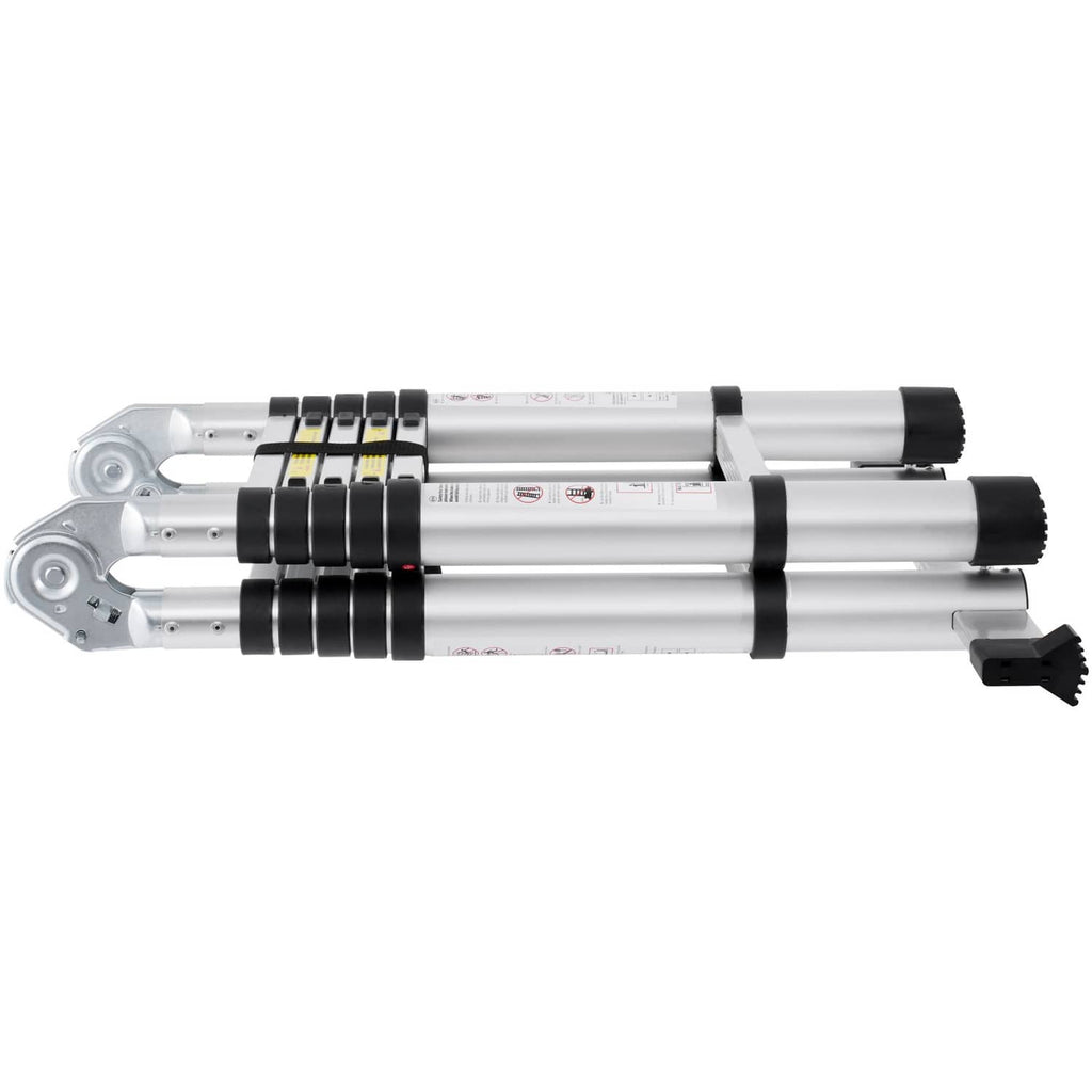 Telescopic aluminum ladder, silver with black bands and feet, extended side view