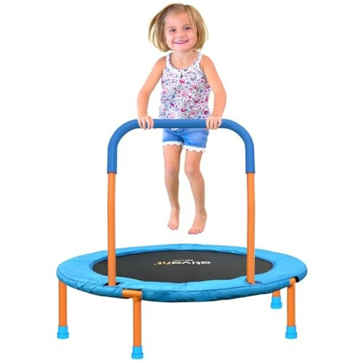 Toddler trampoline with blue padded mat, orange legs, and U-shaped blue foam handle