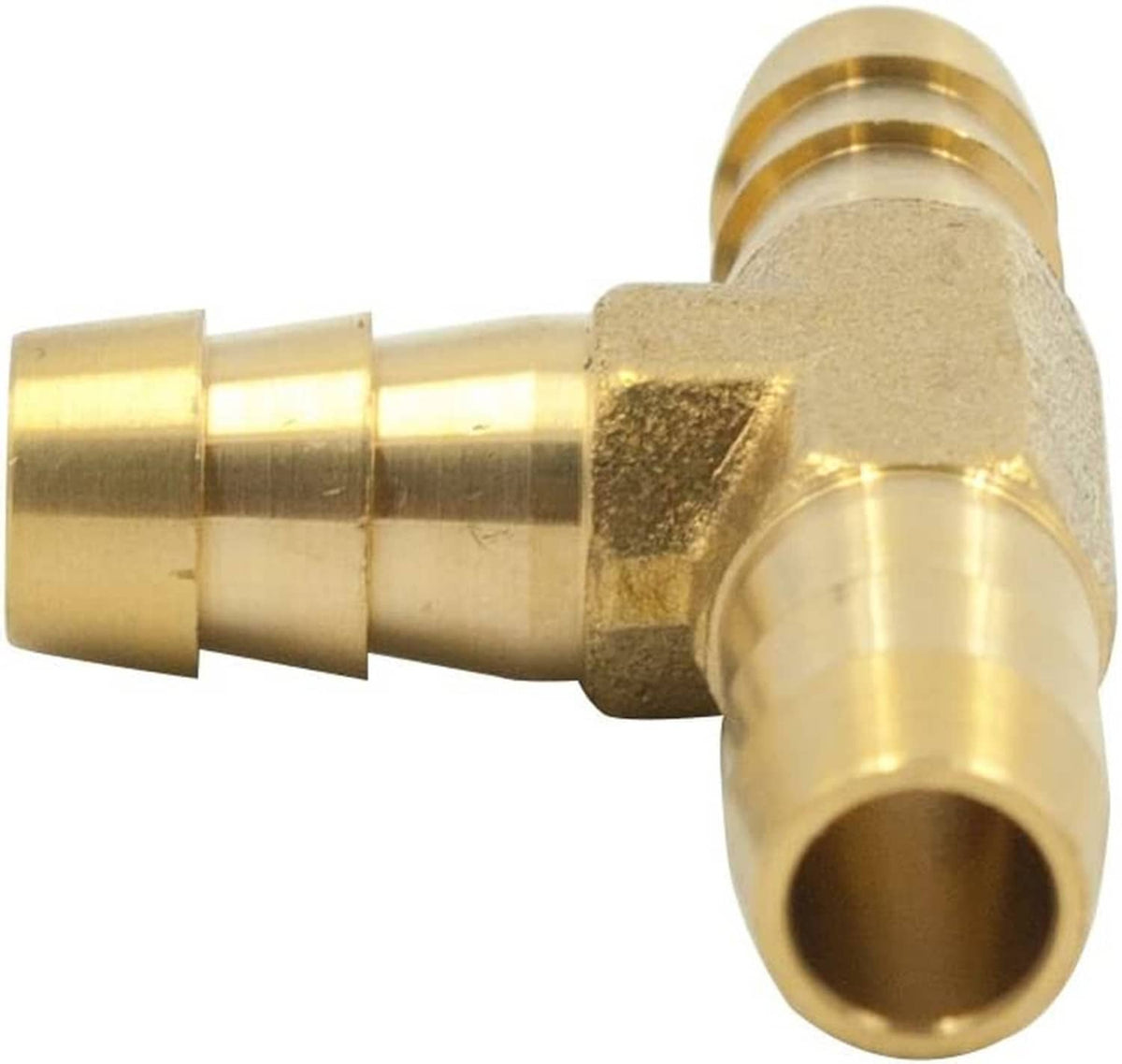 Brass barbed tee fitting end view with tapered hose connection ports