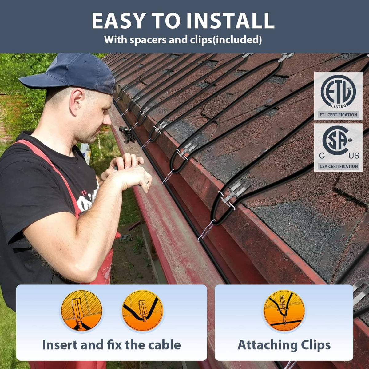 Heating cable installed along roof edge and secured with clips