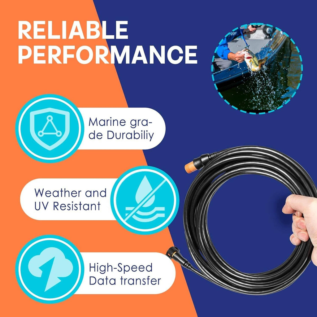Black extension cable coil with orange connector ends for marine transducers