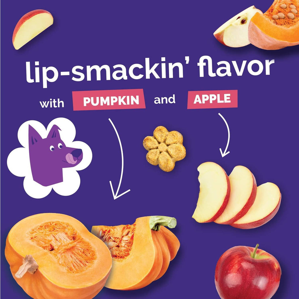 Fruitables lip-smackin flavor graphic with pumpkin and apple slices and treat pieces