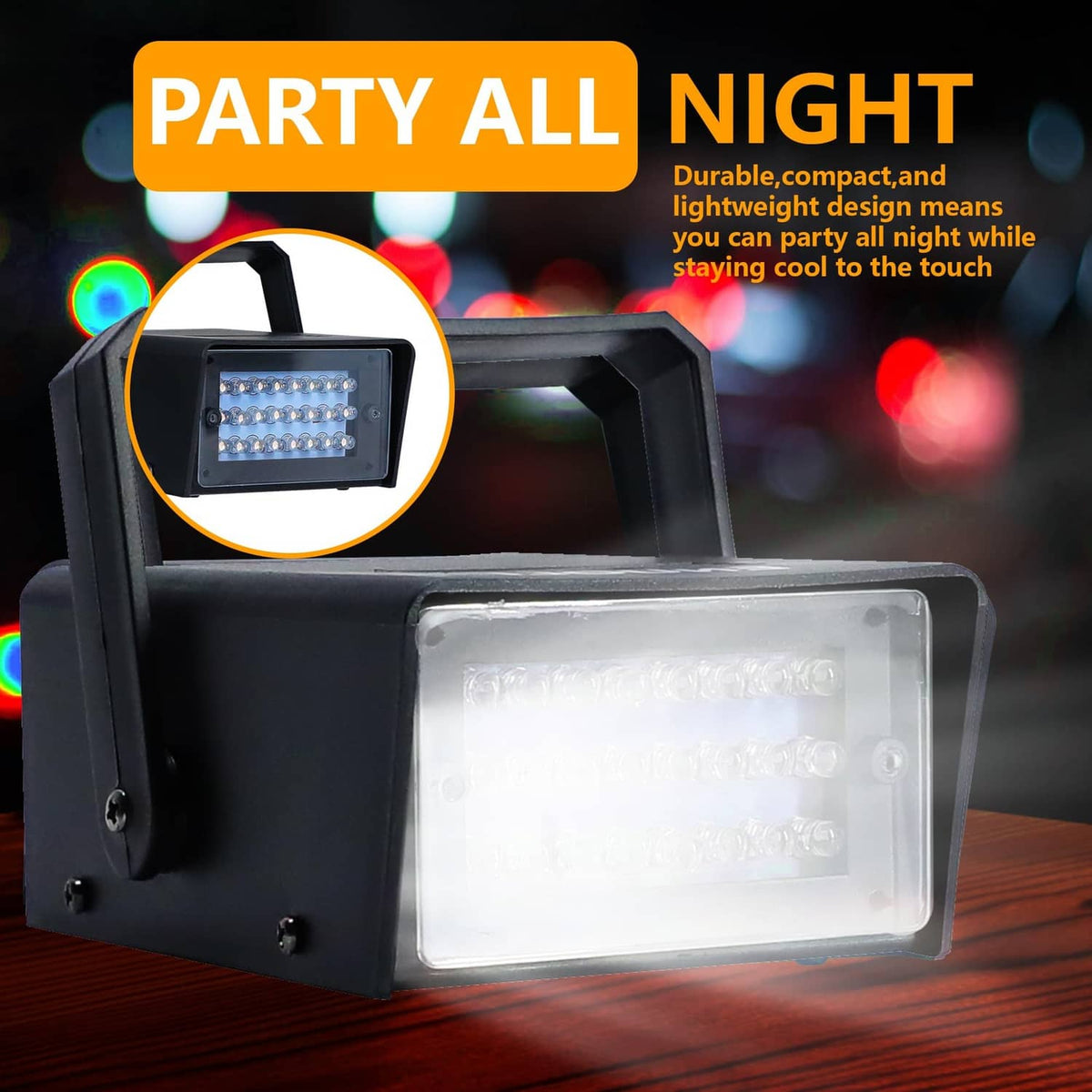 Black mini LED strobe light with glowing rectangular lens and handle