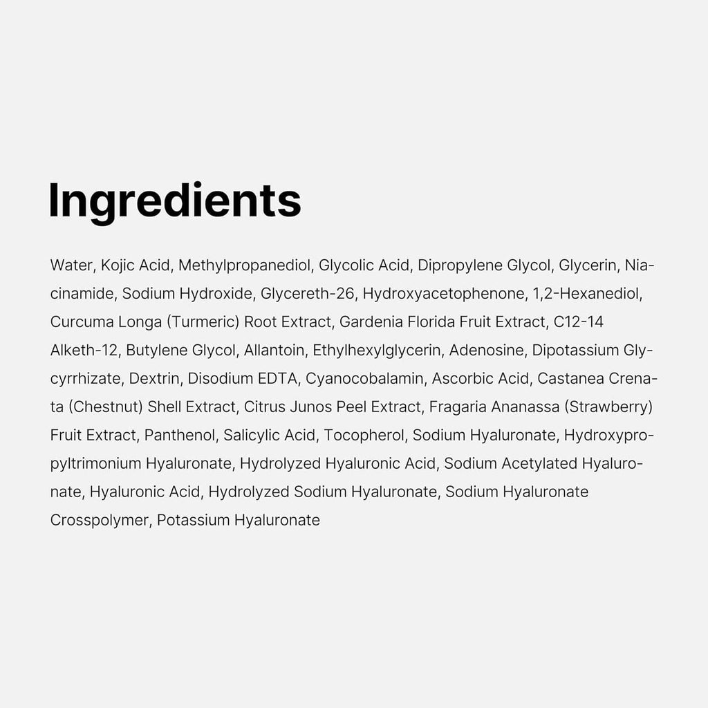 Ingredient list panel for Kojic Acid Turmeric Clarifying Pad