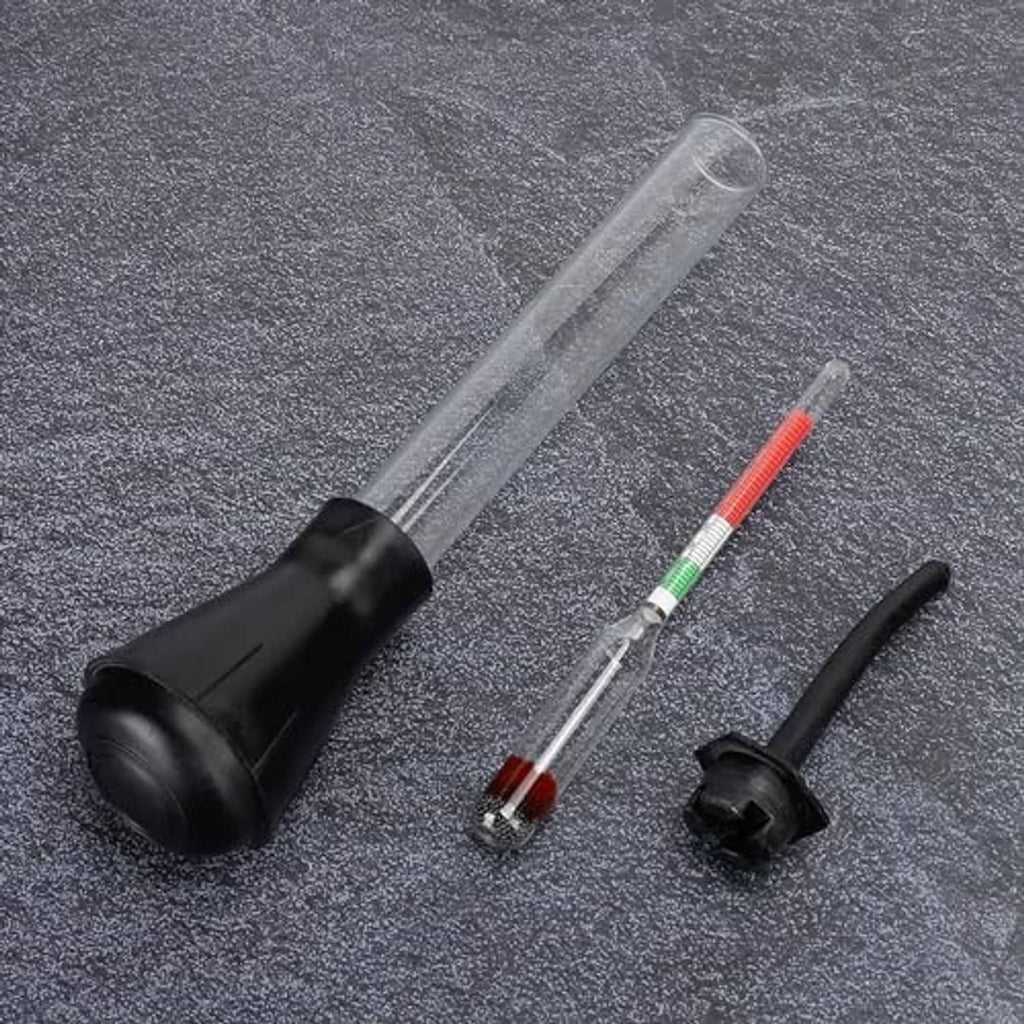 Battery hydrometer tester kit: clear tube, red indicator float, black bulb and nozzles