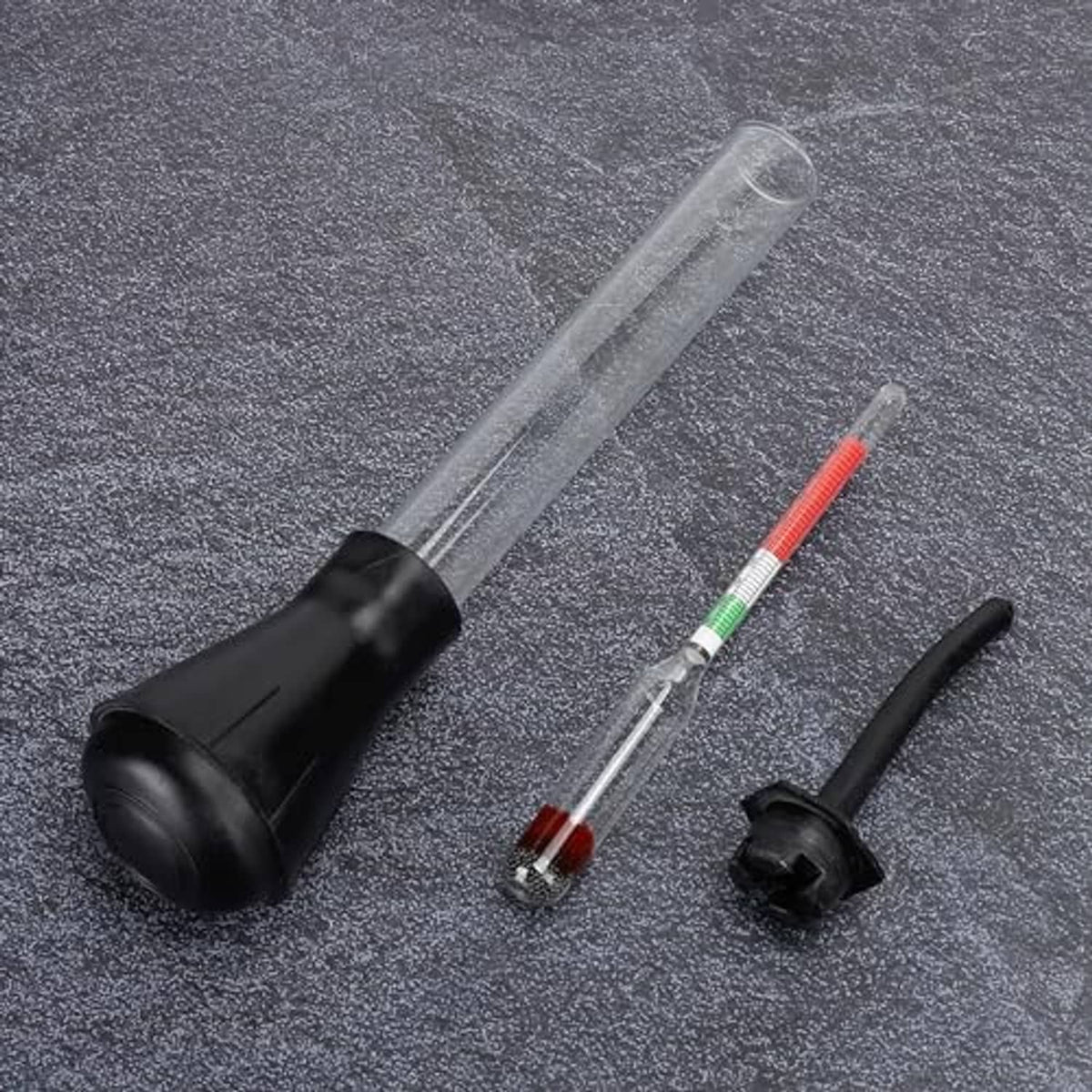 Battery hydrometer tester kit: clear tube, red indicator float, black bulb and nozzles