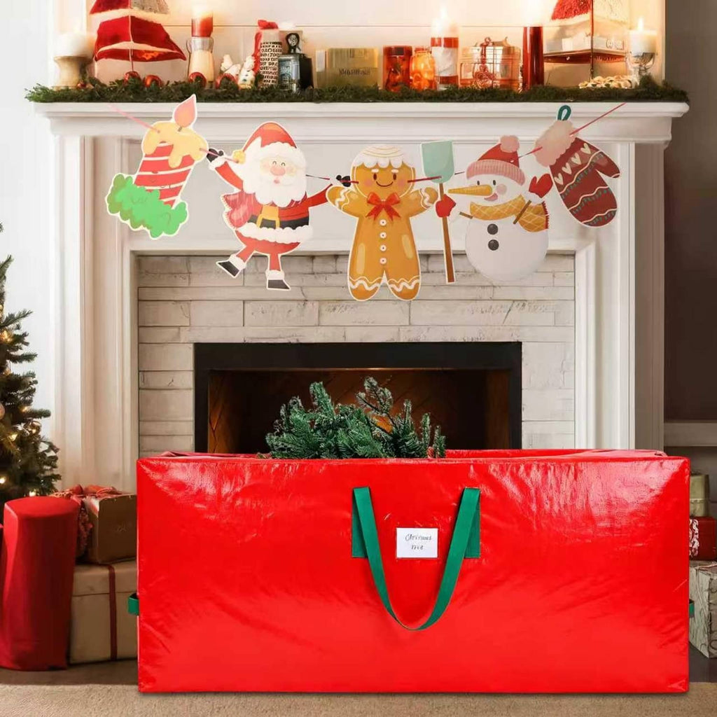 Red Christmas tree storage bag with green handles and centered white label patch