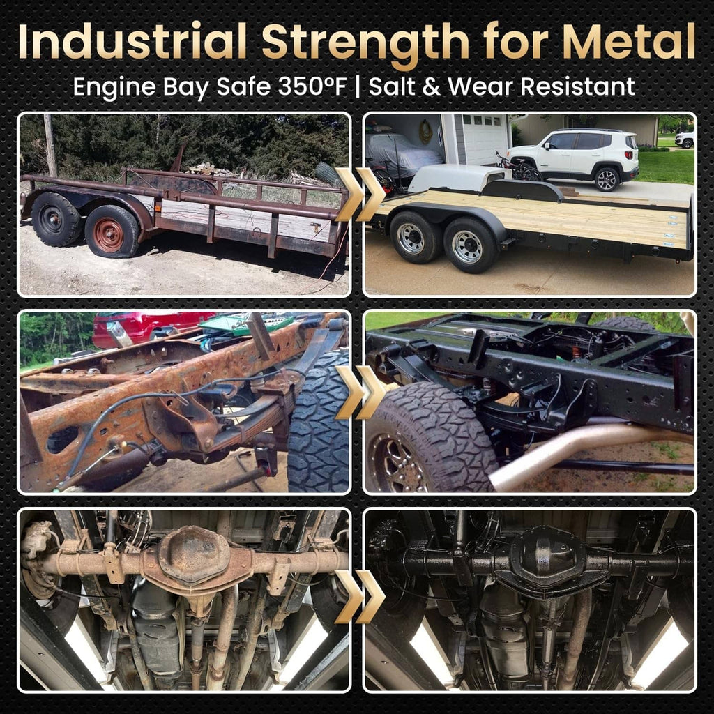 Promotional panel for metal rust converter with four vehicle strength photos