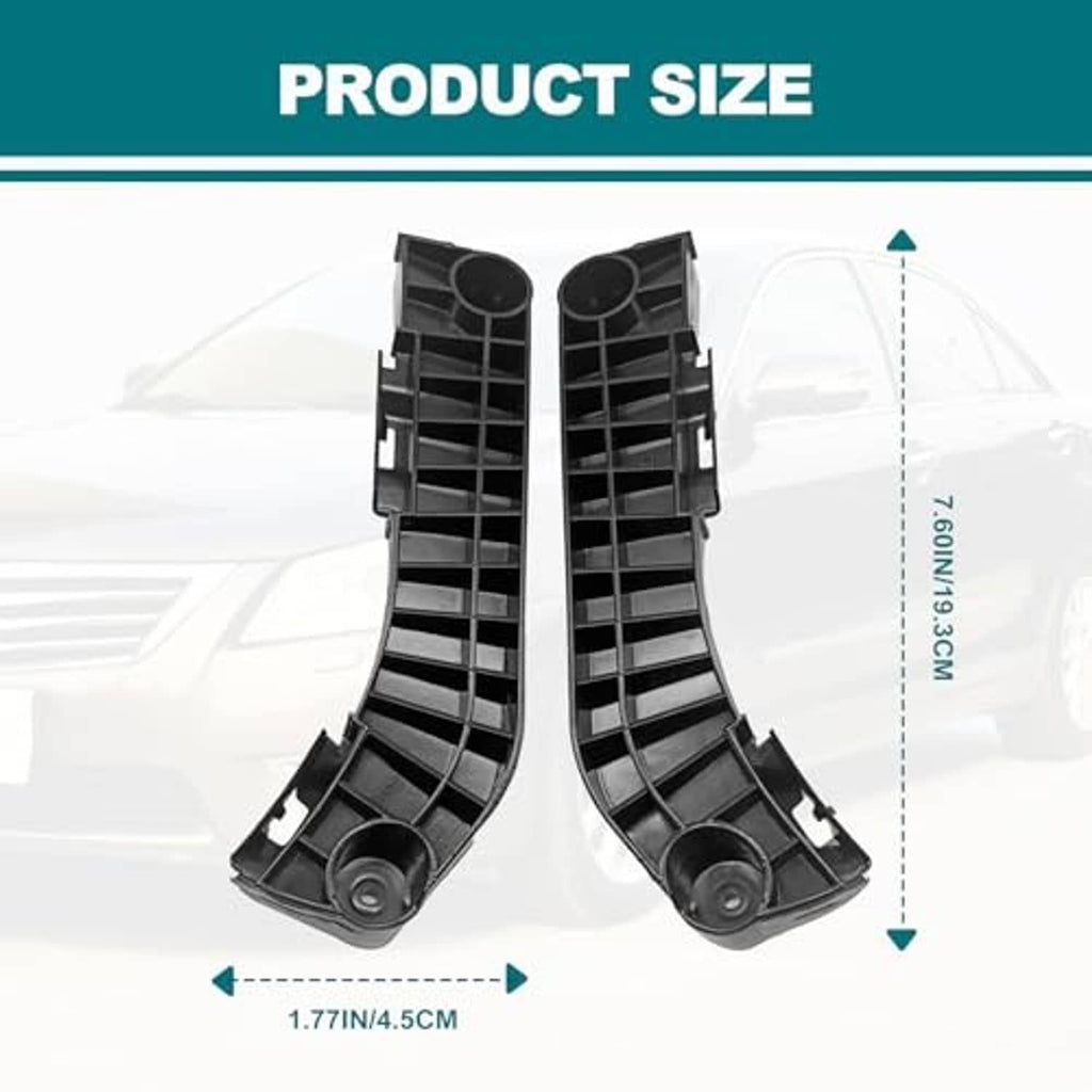 Front bumper bracket size view, black plastic mount with two curved pieces
