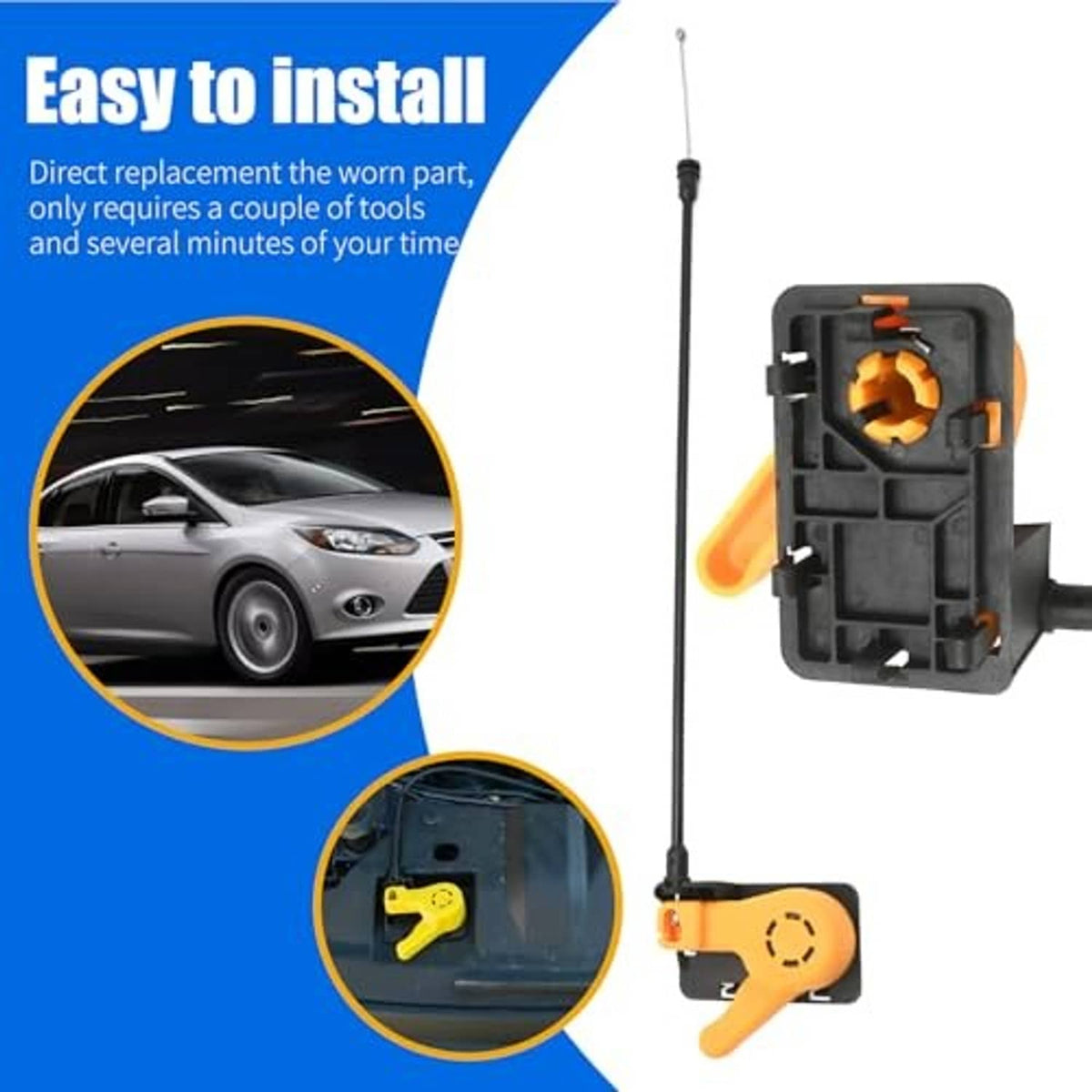 Engine hood release cable with orange pull handle and black latch housing, long wire