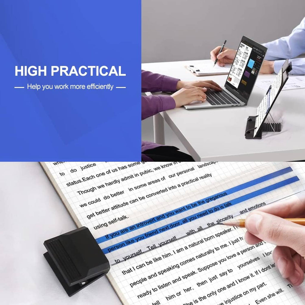 Black document holder stand with paper support clips holding documents on a desk