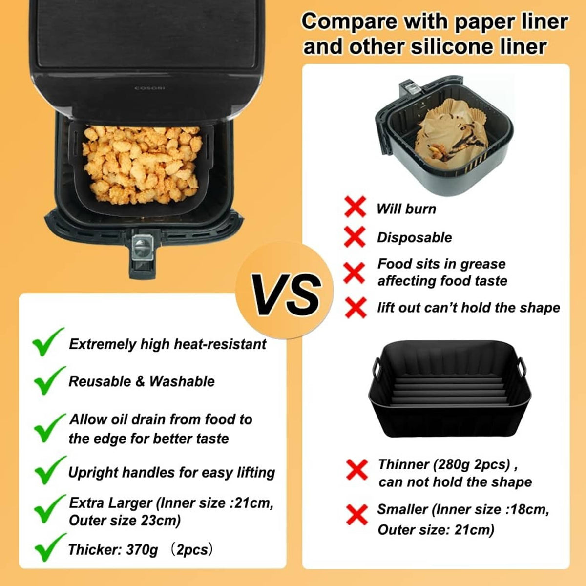 Black square silicone air fryer liner insert with heat-resistant, reusable ridged design