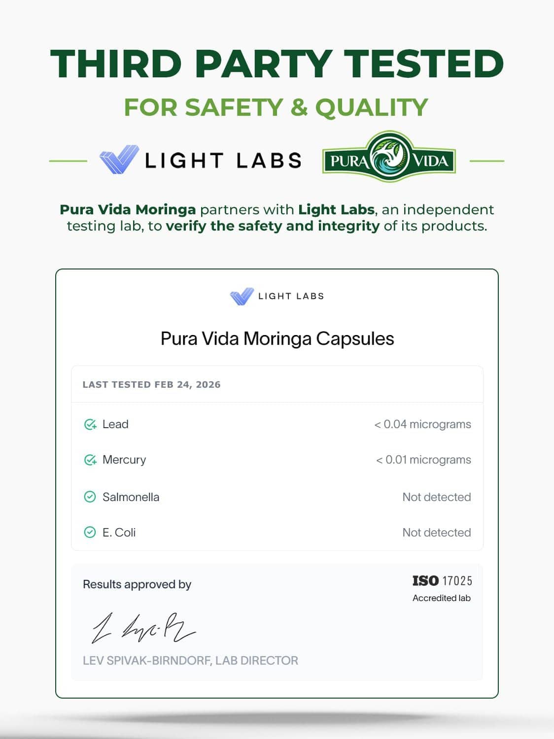Supplement quality test certificate card for moringa capsules