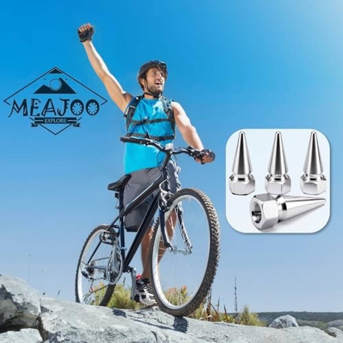 Four silver spiked tire valve stem caps with hex bases