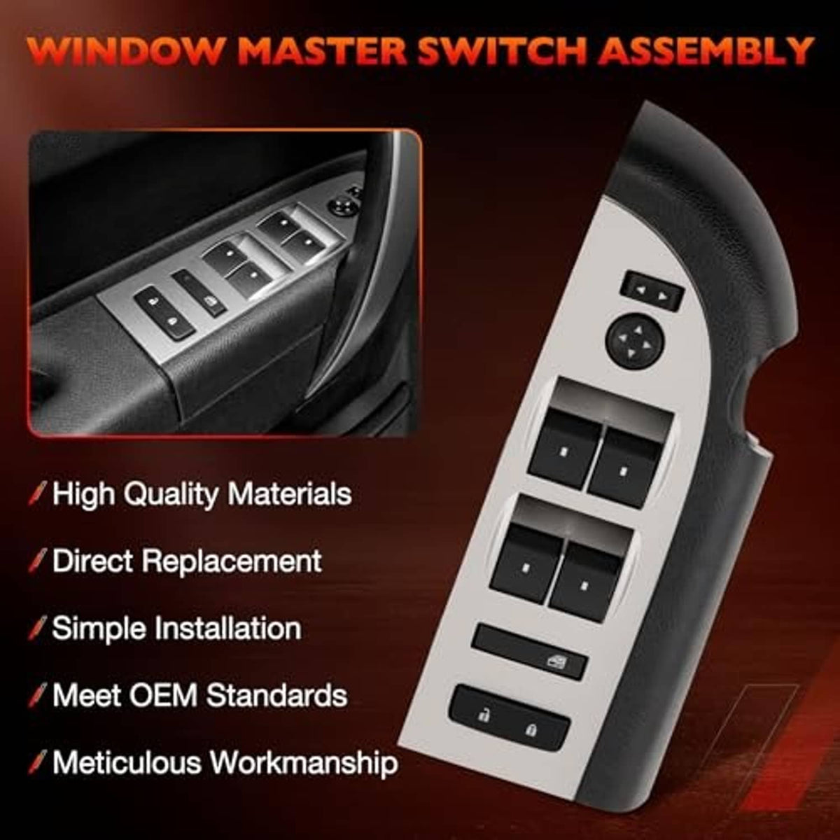 Black window master switch assembly with driver controls and mirror button